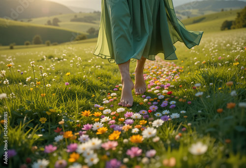 Close-Up of Barefoot Woman in Green Flowing Dress Walking on Blooming Meadow at Sunset, Symbolizing Spring Goddess photo