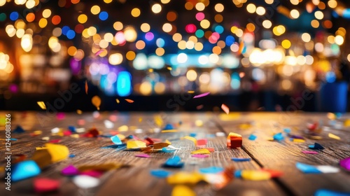 Wallpaper Mural Colorful Confetti on Wooden Table with Blurred Party Background Torontodigital.ca