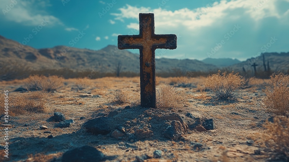 a minimalist cross in an industrial desertic environment a minimalist cross in an industrial desertic environment