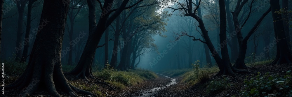 Obraz premium Dark forest with twisted tree trunks and bare branches, wilderness, black