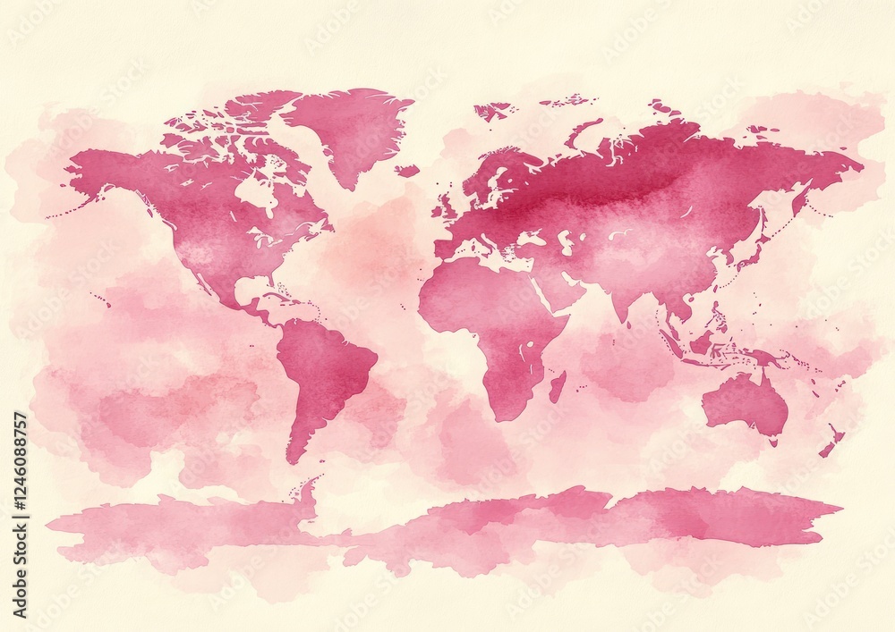 Obraz premium Pastel Pink Purple Watercolor World Map Illustration Soft Stains Texture
