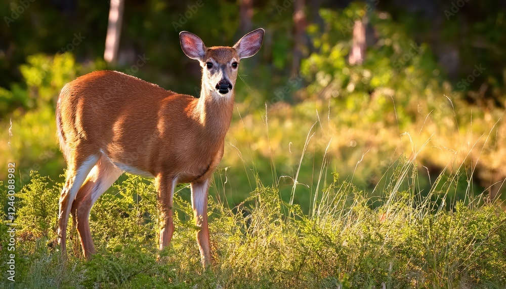 Striking Whitetailed Deer Doe in Wintery Forest, Capturing Tranquility and Grace Amidst a Snowcovered Landscape at Sunset.