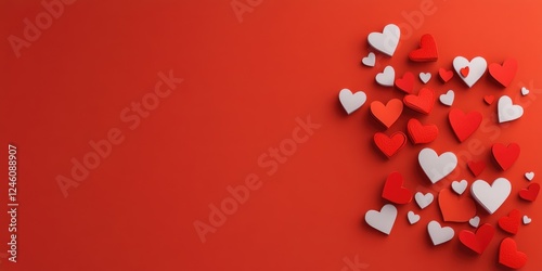 Colorful hearts scattered on a vibrant red background