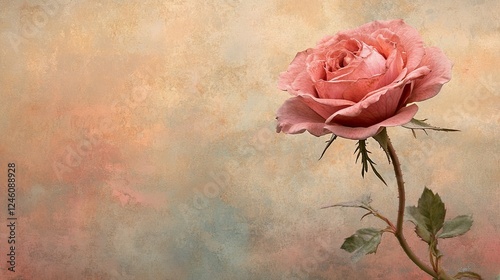 A close-up of a pink rose against a dreamy, pastel-colored background, offering space for copy or text.