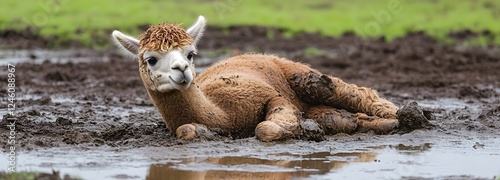 A young alpaca playfully rolling in the mud, its wool coated in a layer of brown dirt, while its hooves squish in the soft earth. The background features a mix of grass, mud patches, and a misty