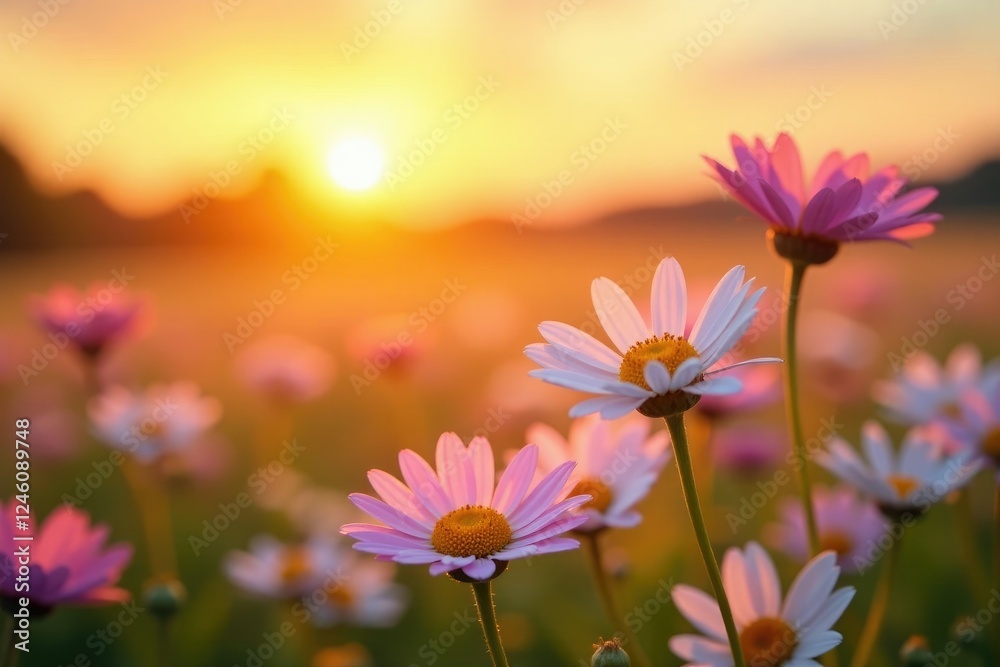 Fototapeta premium Pastel daisies against a warm sunset background, serene landscape, floral arrangement, golden hour