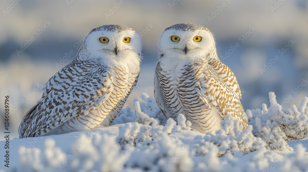 Fototapeta premium Beautiful white owls blending into the icy arctic surroundings