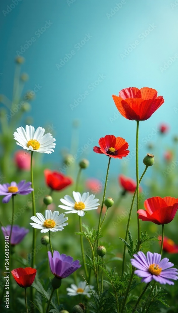 Daisies and poppies blooming amidst tall cornflowers, wildflowers, blooming flowers Daisies and poppies blooming amidst tall cornflowers, wildflowers, blooming flowers