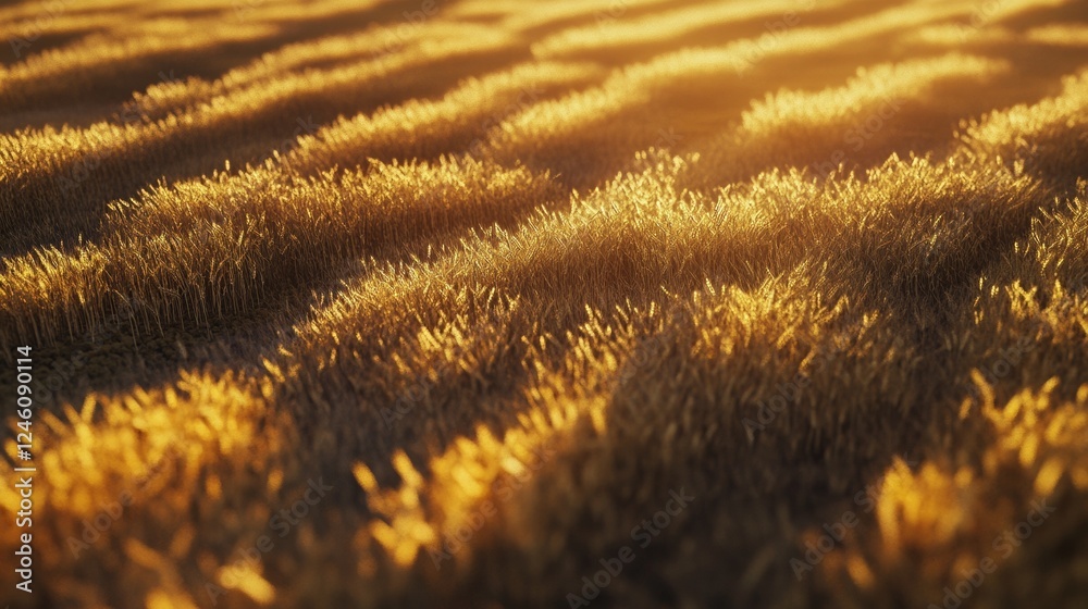 Golden wheat fields at sunset, with long shadows from the stalks stretching to the horizon Golden wheat fields at sunset, with long shadows from the stalks stretching to the horizon