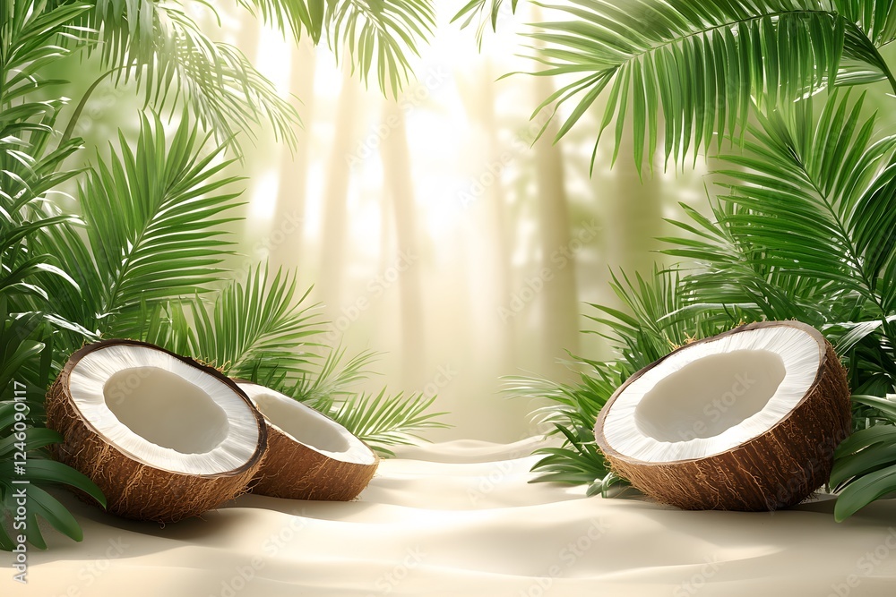 Obraz premium Tropical Oasis with Coconuts and Jungle Foliage for Exotic Relaxation Themes