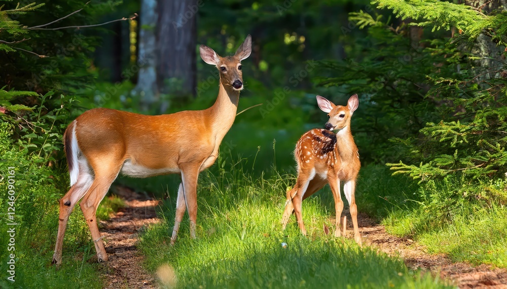 Stunning Whitetailed Deer Fawn with Hind on Natural Trail in North Wisconsin at Dusk, Capturing the Serenity and Tranquility of a Wilderness Scene Stunning Whitetailed Deer Fawn with Hind on Natural Trail in North Wisconsin at Dusk, Capturing the Serenity and Tranquility of a Wilderness Scene