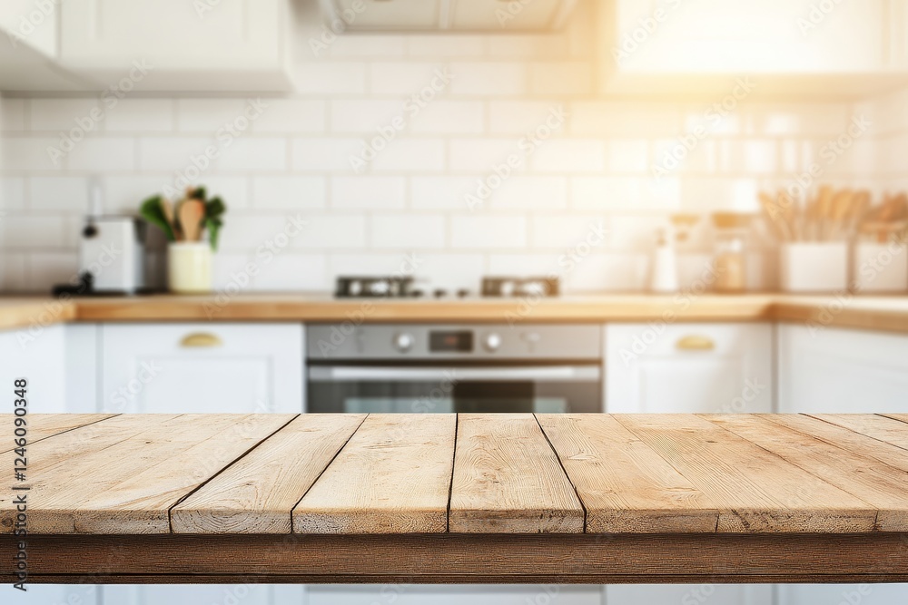 Wooden kitchen counter, bright sunny kitchen background, product display