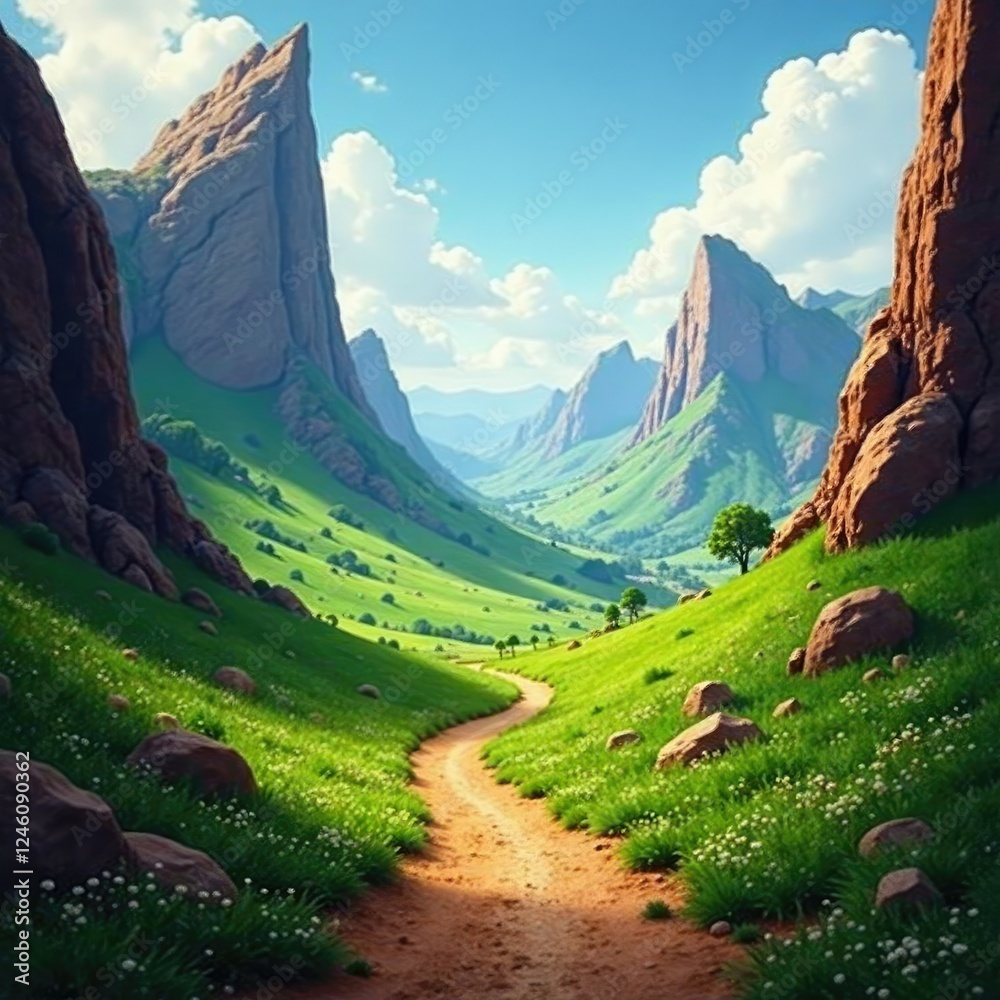 Naklejka premium A winding path leads to a glowing green valley amidst towering rock formations, earthy tones,