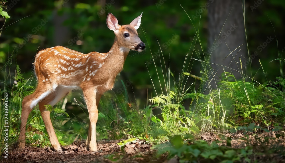 Enchanting Faun Amidst Forest Delicate Fawn Cradled in Woodland Serenity, Majestic Whitetailed Deer Illuminated by Dappled Sunlight on a Misty Morn Enchanting Faun Amidst Forest Delicate Fawn Cradled in Woodland Serenity, Majestic Whitetailed Deer Illuminated by Dappled Sunlight on a Misty Morn