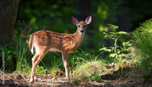 Stunning Whitetailed Fawn amidst Lush Forest Greenery, Dawns Early Light Cascading through Tree Tops, Capturing a Moment of Tranquil Serenity in the Wilderness.