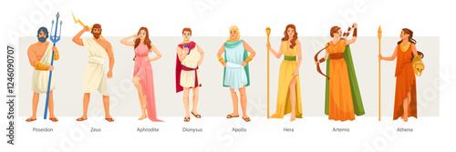 Group of Greek gods and goddesses in colorful attire, standing on a white background. Mythology and culture concept. Vector illustration