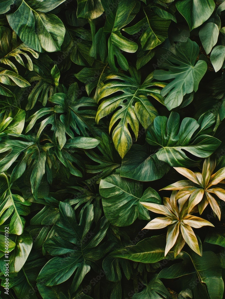 A lush background of tropical green leaves.