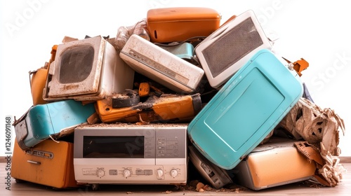 A disordered stack of old appliances representing a consumer society's excessive waste, presenting a striking visual of reformation and clutter.