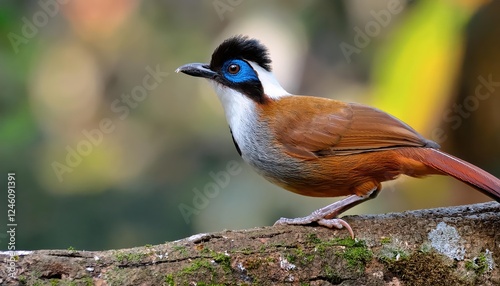 Vibrant Whitecheeked Laughingthrush in Da Lats Verdant Landscape, Vietnam A Striking Avian Portrait Amidst Blooming Flora and Bamboo Groves at Dawn photo