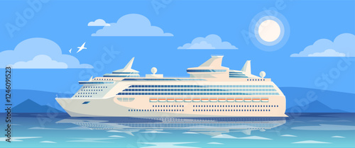Large luxury cruise ship sailing on a calm sea under a sunny sky with clouds and birds, reflecting on the water. Travel and vacation concept. Vector illustration