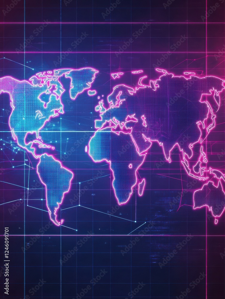 Digital representation of the world map outlined in neon blue and pink, set against a grid background symbolizing global network connections and technological advancements.