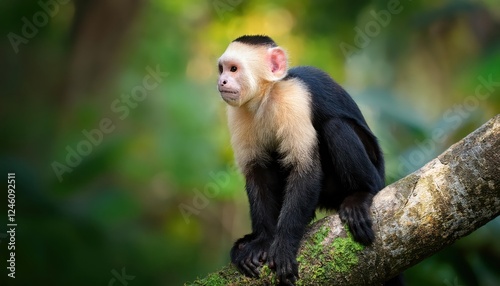 Striking Whiteheaded Capuchin Monkey in a Dark Tropical Forest A Study of Black and White Contrasts Amidst Lush Greenery at Dusk
