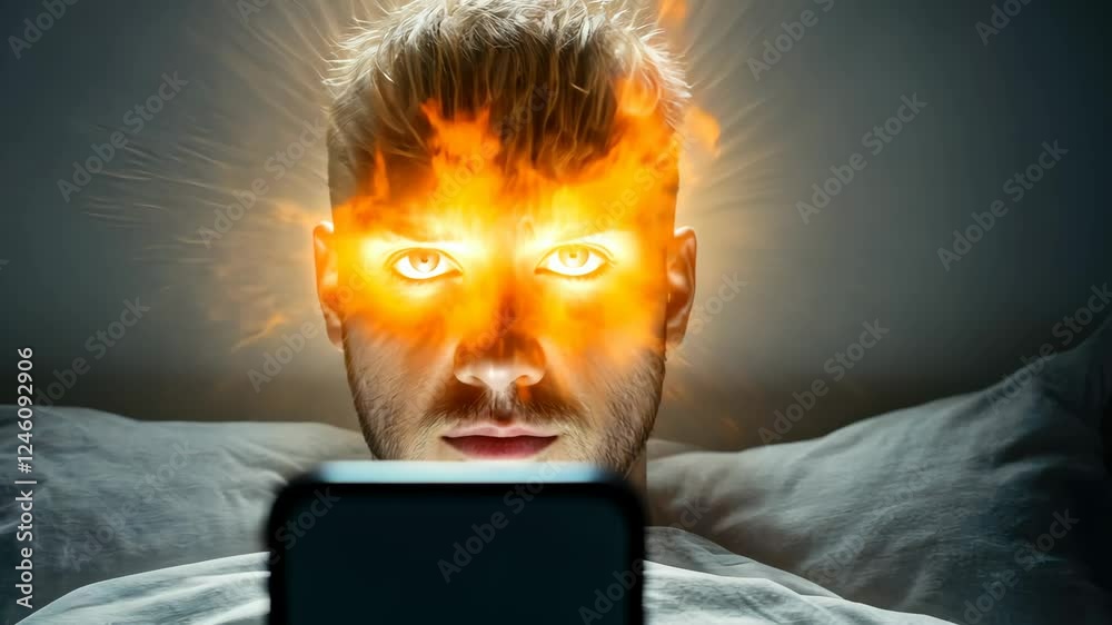 Anxious male scrolling smartphone, glowing screen illuminating darkened bedroom, representing overwhelming digital dependency and mental burnout consuming psychological health
