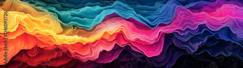 Rainbow-colored abstract lines forming a wave pattern on a dark background