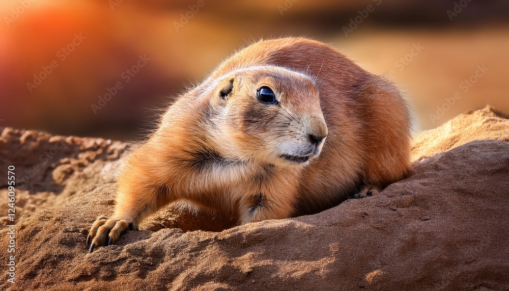Naklejka premium Striking Portrait of a Whitetailed Prairie Dog Amidst a Sea of Golden Prairie Grasses, Capturing the Essence of the American Plains at Dusk.