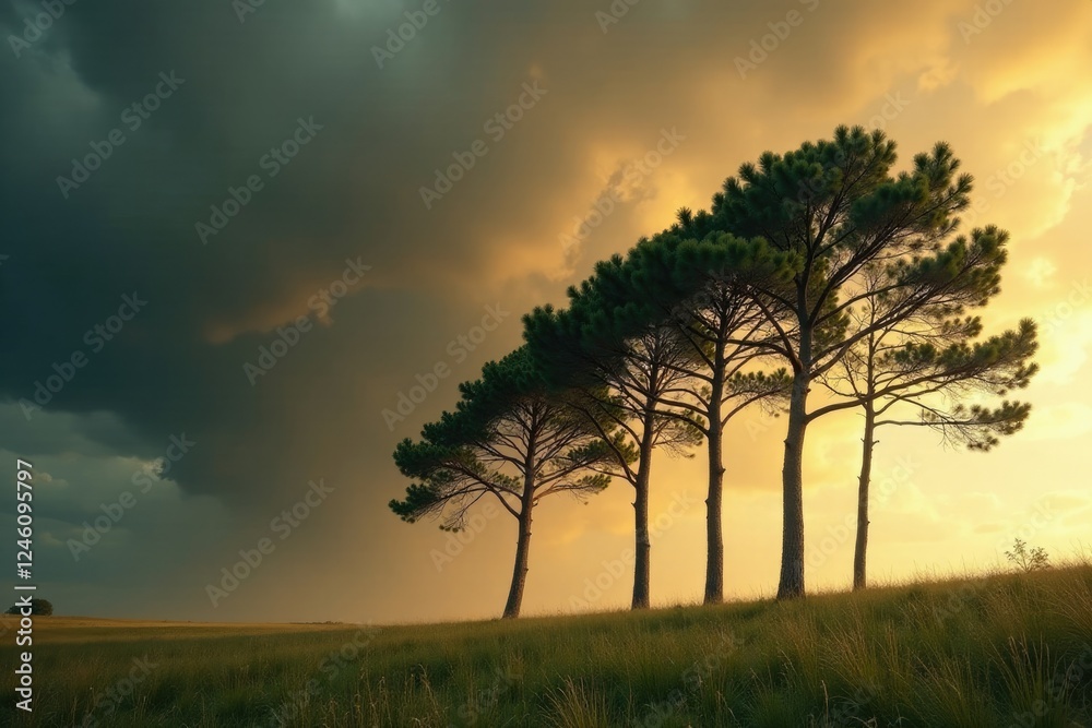 Obraz premium Tall trees swaying in the wind under a dark brown stormy sky with beige clouds, wind, weather, stormy sky