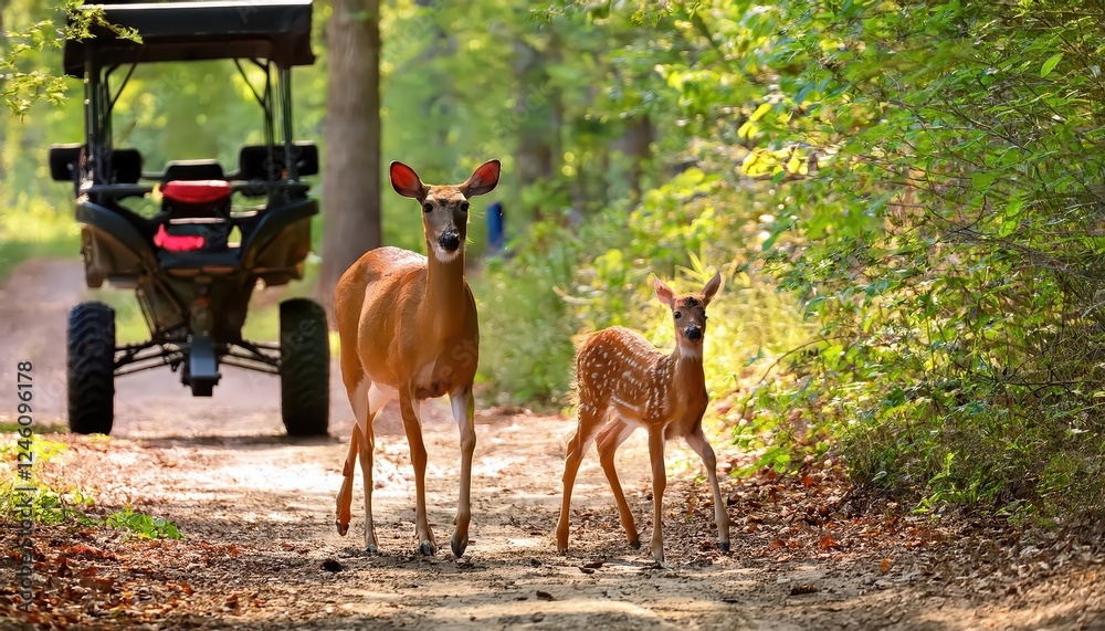Serene Moment Whitetail Deer Mother and Fawn Navigate an Autumn ATV Trail amidst the Peaceful Woods near a Camouflaged Deer Stand, Captured in the Soft Light of Late Afternoon. Serene Moment Whitetail Deer Mother and Fawn Navigate an Autumn ATV Trail amidst the Peaceful Woods near a Camouflaged Deer Stand, Captured in the Soft Light of Late Afternoon.
