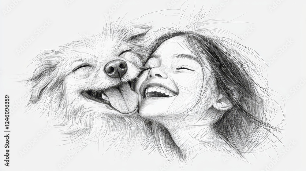 Naklejka premium Tender bond, woman and her loyal dog share a moment of affection companionship in this heartwarming drawing