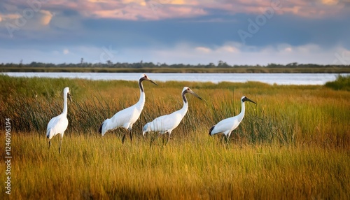 Striking Whooping Cranes in Aransas National Wildlife Refuge Majestic White Birds Gracefully Strut Amongst Grazing Grasses, Against the Backdrop of a Sunlit Texas Sky photo