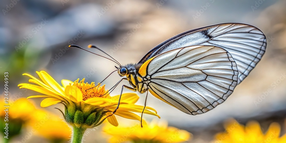 Fototapeta premium Black-veined White Butterfly on Yellow Flower, Grey Stone Background - Stock Photo