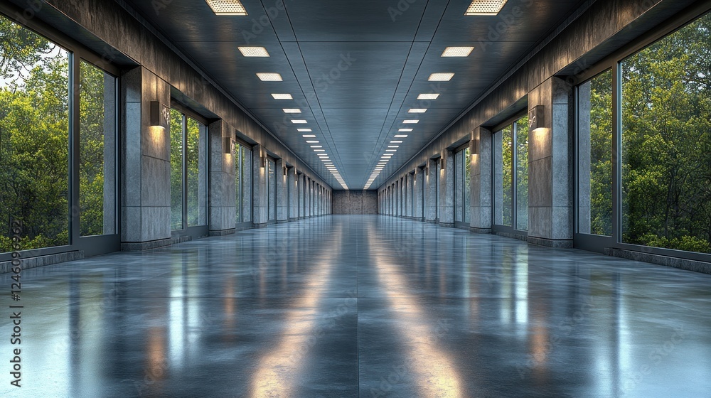 Fototapeta premium Modern hallway, glass walls, trees, reflective floor, office