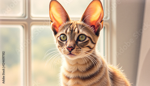 Striking Oriental Cat Curious Gaze Colored Pencil Style Against Window Frame, Oriental Shorthair with big ears