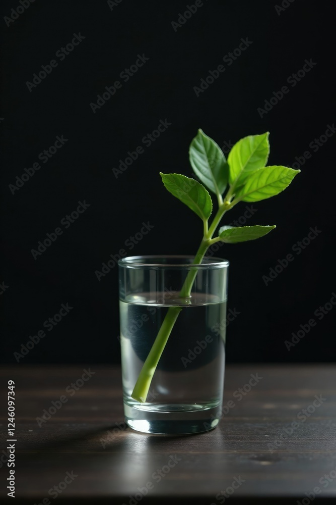 Small glass container with single green stem on dark wooden table, minimalist, elegant, dark Small glass container with single green stem on dark wooden table, minimalist, elegant, dark