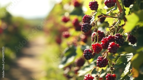 Ripe Blackberries on Bush in Sunlight