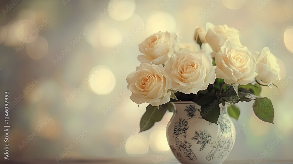 A graceful arrangement of white roses in a vintage porcelain vase, with soft background bokeh for a dreamy effect. A graceful arrangement of white roses in a vintage porcelain vase, with soft background bokeh for a dreamy effect.