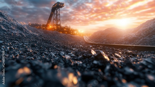 An evocative image showcasing a coal mining site at sunset, with vibrant colors illuminating the scene, emphasizing the contrast between industry and natural beauty.
