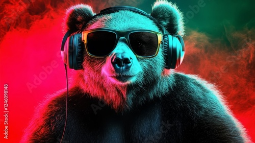 Wallpaper Mural Cool Neon Party DJ Bear Portrait of a Beastly Disc Jockey With Headphones and Sunglasses. Torontodigital.ca