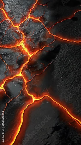 Glowing cracks in volcanic rock reveal intense heat and geological activity in a dynamic landscape
