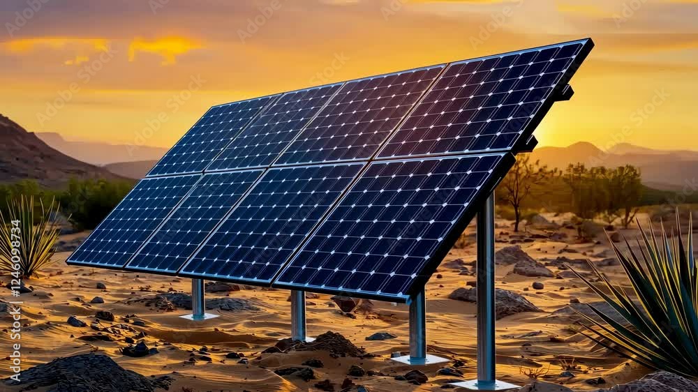 A solar panel system generating clean energy during a stunning desert sunset.