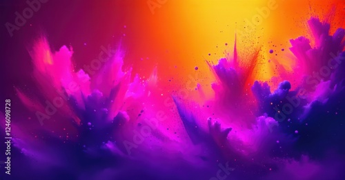 Neon explosion gradient shifting between hot pink, tangerine, and deep purple, enhanced with grain. The scene features a dynamic, high-contrast display of vibrant colors and energy photo