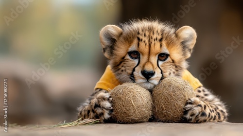 This charming image shows a playful cheetah cub engaging with two grass balls, illustrating its youthful energy and curiosity in a captivating wildlife moment. photo