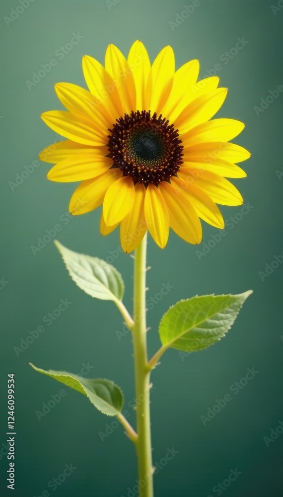 Fototapeta premium Single sunflower with delicate stem and leaves, delicate, yellow, flower