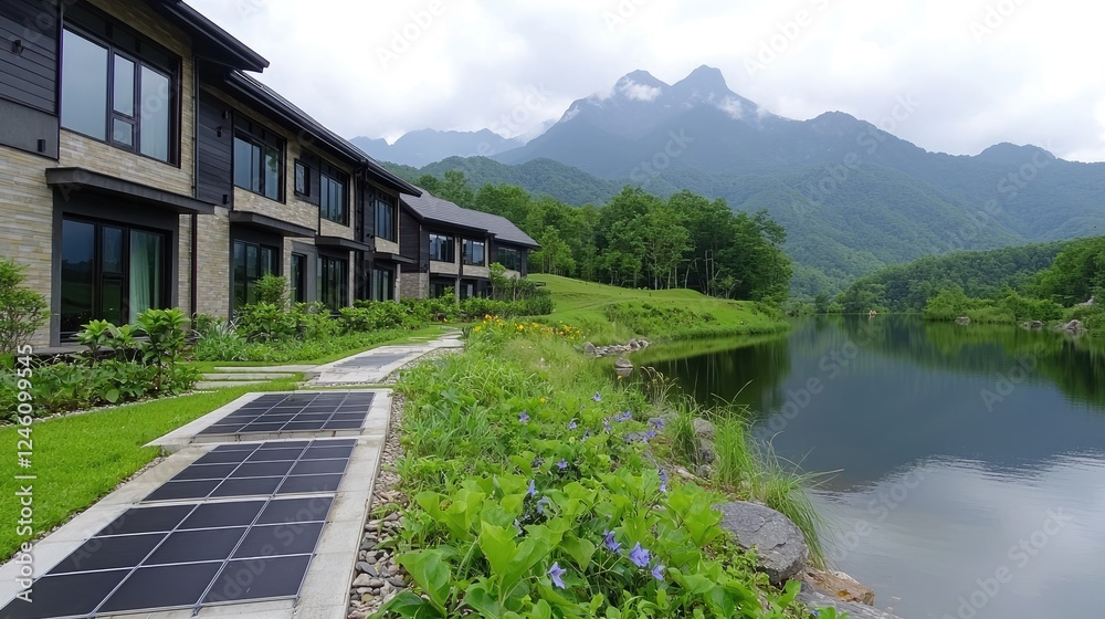 Mountain lake resort walkway, scenic view Mountain lake resort walkway, scenic view