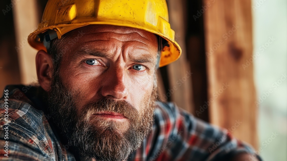 A pensive man with a beard and a hard hat gazes thoughtfully into the distance at a construction site, reflecting the serious nature and dedication of his profession. A pensive man with a beard and a hard hat gazes thoughtfully into the distance at a construction site, reflecting the serious nature and dedication of his profession.