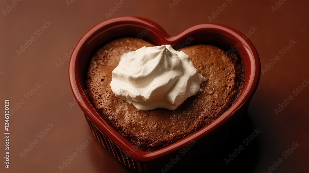 A luxurious Valentine chocolate souffl served in a heart-shaped ramekin, with a dollop of whipped cream. A luxurious Valentine chocolate souffl served in a heart-shaped ramekin, with a dollop of whipped cream.
