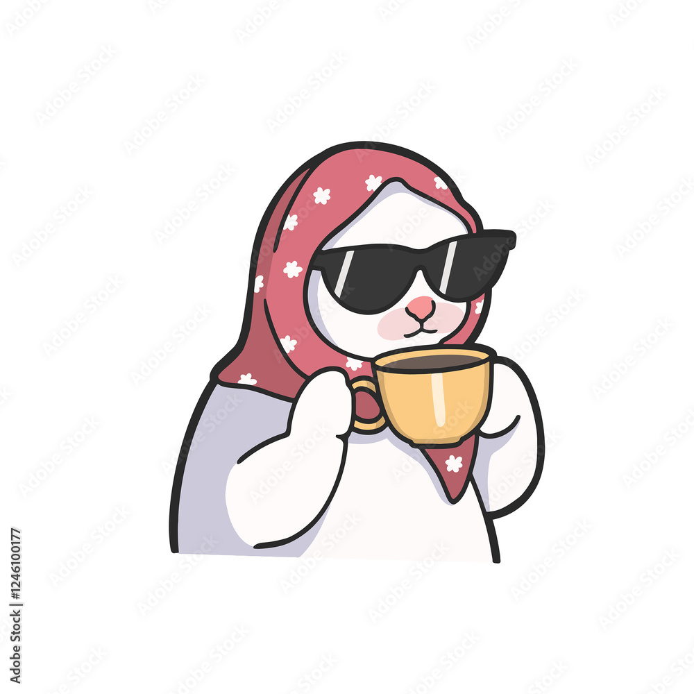 Fototapeta premium Slay Cat Meme wearing Scarf and Sunglasses drink a cup of coffee Sticker PNG T-shirt Cute Illustration